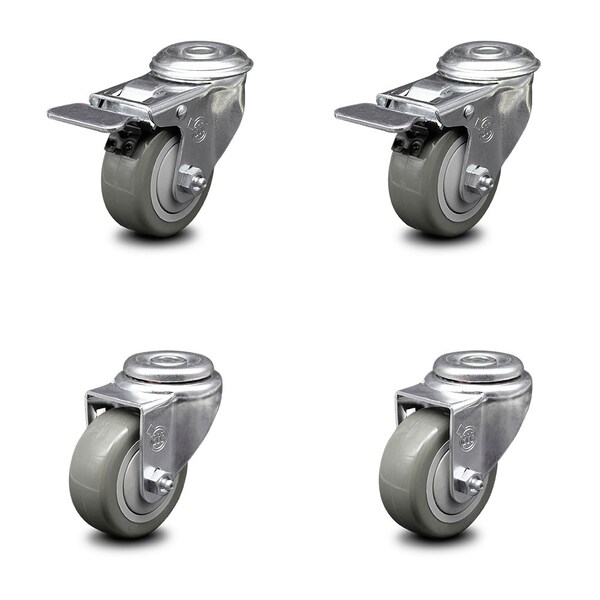 3.5 Inch Gray Polyurethane Swivel Bolt Hole Caster Set with 2 Total Lock Brake
